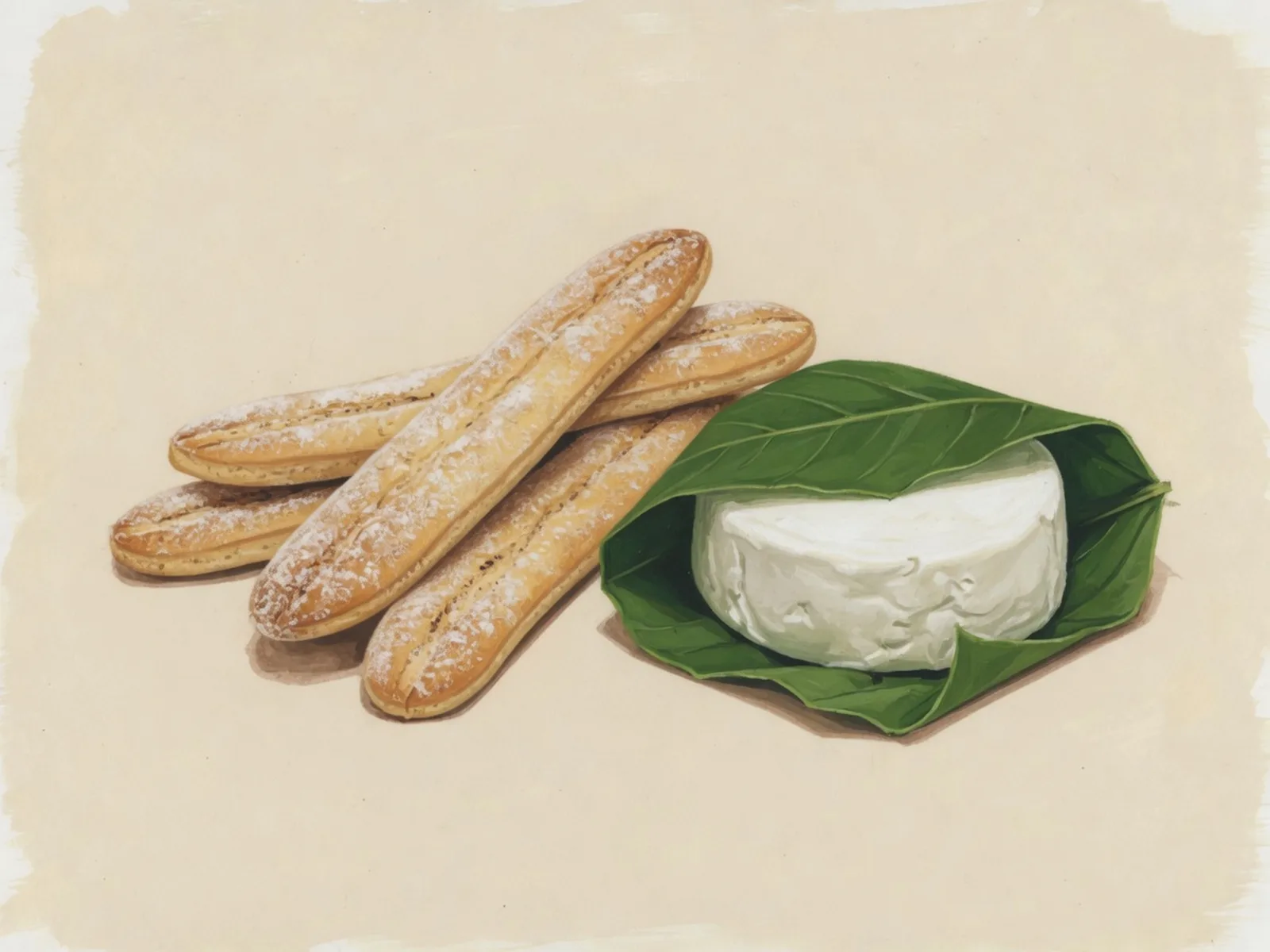 Ilustración de bizcochos de Cayambe junto a un queso de hoja.